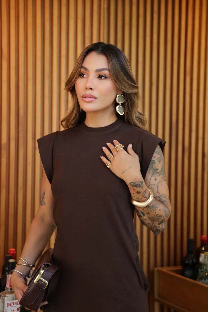 Boutique Dona Ana - Vestido Midi Muscle Marrom Cardamom Dark em Algodão