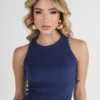 Boutique Dona Ana - Regata Ribana Canelada Azul Satin Feminina – Básica Premium com Caimento Justo