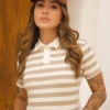 Boutique Dona Ana - T-Shirt Gola Polo Listrada Bege Naturally Feminina em Algodão – Clássica, Confortável e Atemporal