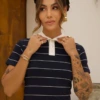 Boutique Dona Ana - T-Shirt Gola Polo Risca de Giz Azul Dark Feminina em Algodão – Elegância Moderna e Conforto Premium