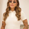 Boutique Dona Ana - T-Shirt Gola Polo Risca de Giz Bege Bay Sands Feminina em Algodão