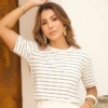 Boutique Dona Ana - T-Shirt Listra de Giz Azul Dark Feminina em Algodão com Elastano – Moderna, Confortável e Atempora