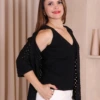 Boutique Dona Ana - Conjunto Modal Júlia Preto Feminino com Kimono e Regata – Elegante, Confortável e Versátil