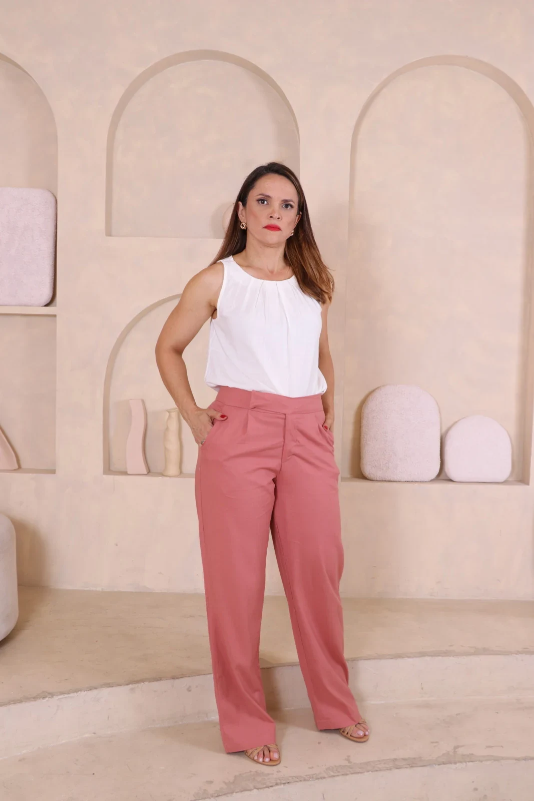 Boutique Dona Ana - Calça Pantalona Alfaiataria Linho Dusty Rose Feminina com Forro – Elegante, Fluida e Sofisticada