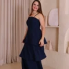 Boutique Dona Ana - Vestido Midi Lírio Azul Petróleo em Camadas com Lastex – Elegante, Fluido e Sofisticado