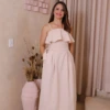Boutique Dona Ana - Vestido Midi Lótus Bege Claro com Babado, Faixa Removível e Bolsos – Elegante, Atemporal e Feminino