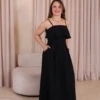 Boutique Dona Ana - Vestido Midi Lótus Preto com Babado, Faixa Removível e Bolsos – Clássico, Elegante e Sofisticado