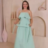 Boutique Dona Ana - Vestido Midi Lótus Verde Água com Babado, Faixa Removível e Bolsos – Delicado, Elegante e Sofisticado
